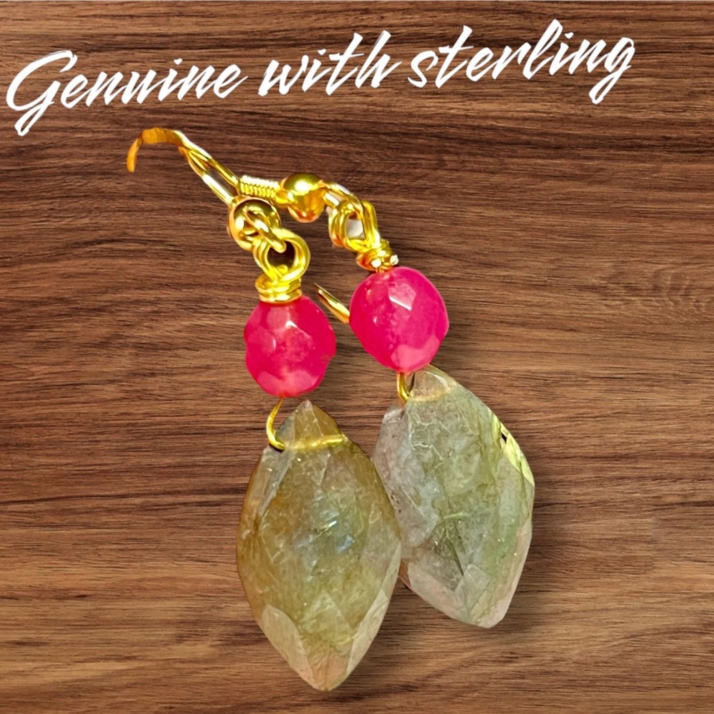 🌓 genuine blue/green flash labradorite gold over  sterling earrings